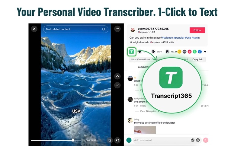 TikTok Extension in action - One-click transcription
